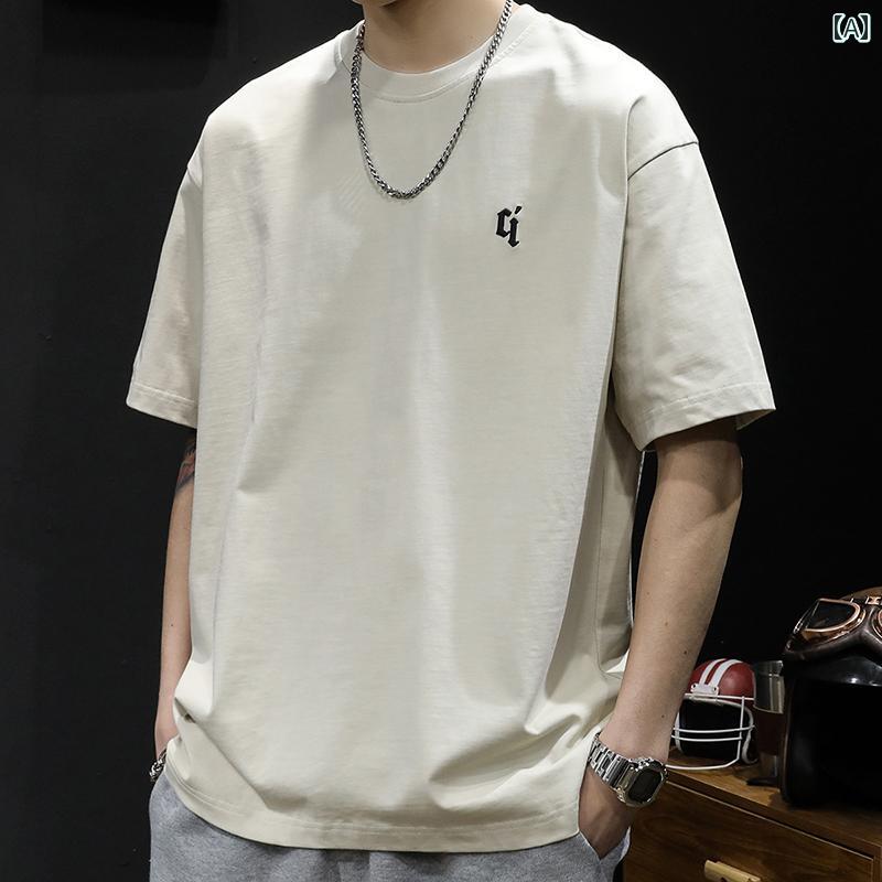 メンズ トップス カジュアル ファッション おしゃれ 厚手 半袖 Tシャツ 夏 トレンド ゆったり 大きめサイズ Tシャツ オフ ホワイト