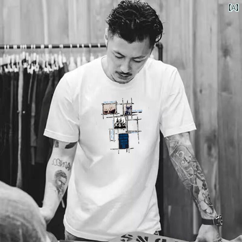 メンズ トップス カジュアル ファッション おしゃれ トレンド 半袖 Tシャツ トレンド ファッション 夏 綿 ラウンドネック 半袖 カジュアル Tシャツ 白 L