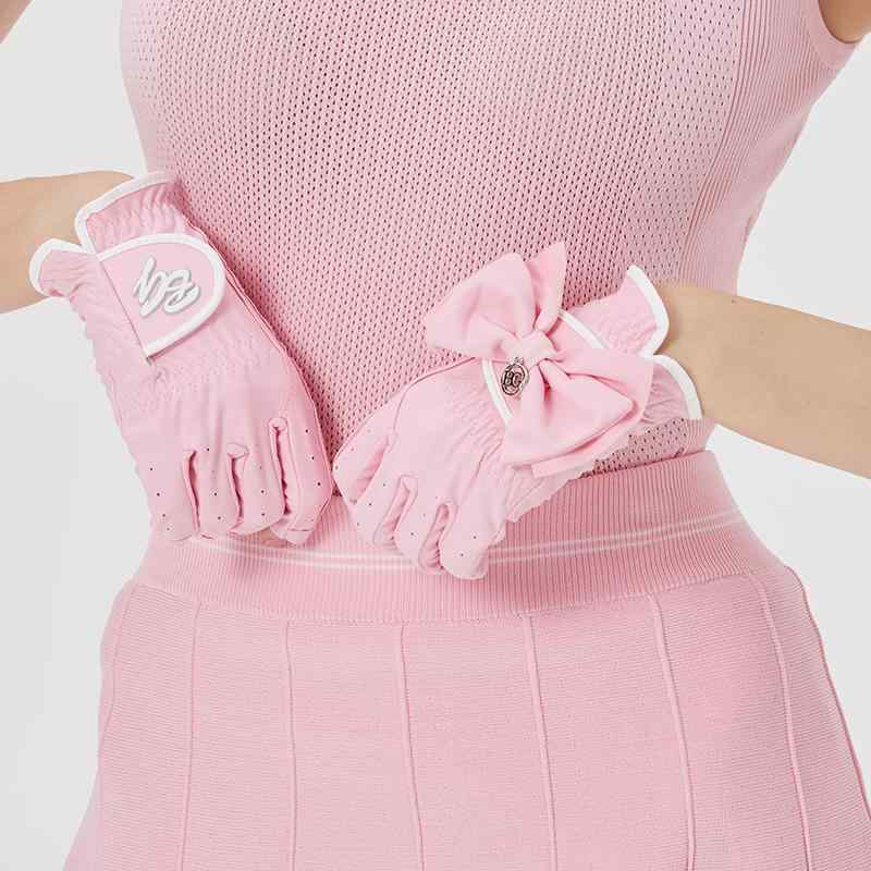 ゴルフ手袋 レディース 女性用 指なし グローブ リボンデザイン 本革 レザー 耐摩耗性 滑り止め 両手用 高級感 ゴルフ練習 スポーツ用 ブラック ピンク ホワイト