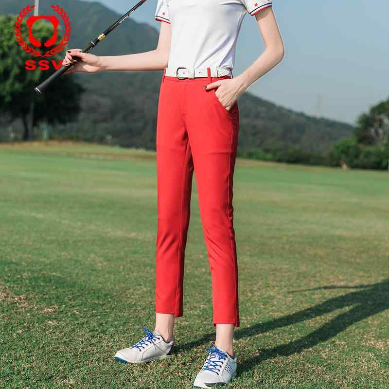 ゴルフ パンツ レディース 春夏 スリム ストレート 九分丈 レッド スポーツ 接触冷感 吸湿速乾 ストレッチ