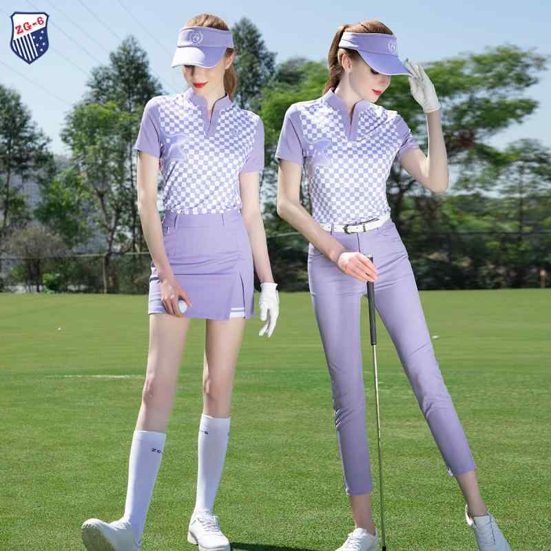 ゴルフウェア レディース 女性用 半袖Tシャツ トップス 9分丈パンツ クロップドパンツ スポーツウェア 上下セット スリムフィット パープル 紫色 春夏|おうち健康生活