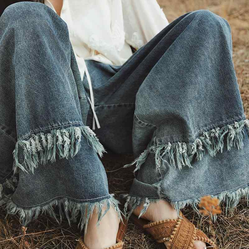 デニムパンツ アメリカンヴィンテージ ブルー ウォッシュ加工 ダメージ加工 フリンジ 切りっぱなし ワイドレッグ ロング丈 カジュアル 普段使い 春夏
