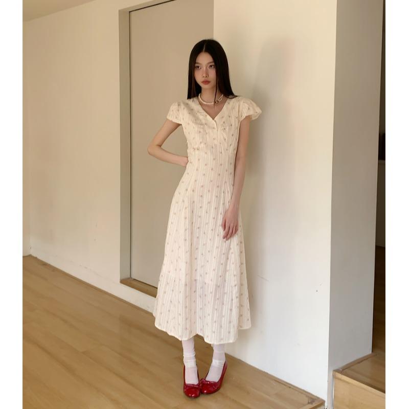 ワンピース レディース 小花柄 純欲フェミニン 半袖 ウエストマーク ロング丈 Vネック 夏 リゾートスタイル Aライン マキシ丈 旅行 デート バカンス ベージュ