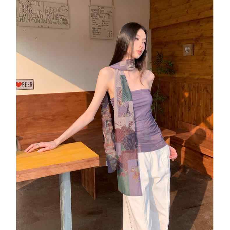トップス レディース チャイナ風 3WAY オフショルダー ノースリーブ セクシー チューブトップ スリムフィット プリント メッシュ シャーリング 切り替え 夏