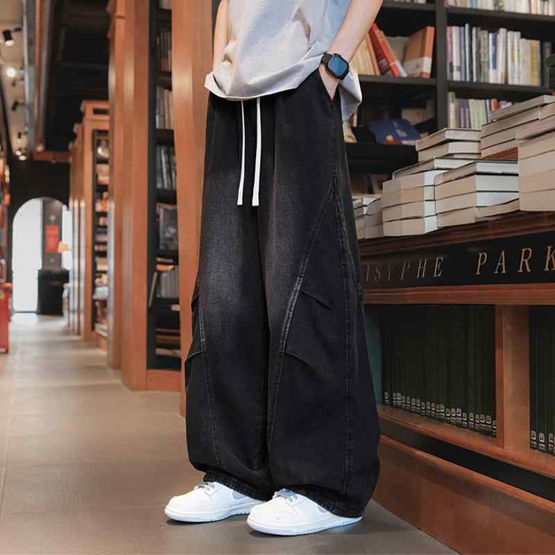 デニムパンツ メンズ 若者向け レトロ ヴィンテージ アメカジ ストリート ルーズフィット ゆったり ワイド ストレート カーブデザイン ロング丈 通年 ストレッチ ミッドライズ カジュアル