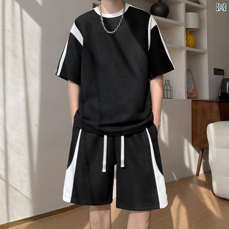 スポーツウェア メンズ ティーン セットアップ 春夏 接触冷感 半袖Tシャツ ショートパンツ 薄手 カジュアル リラックス スタイリッシュ 普段使い 部屋着 ブラック グレー