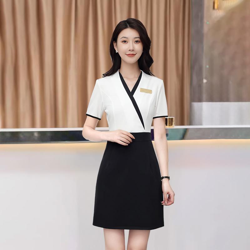 ワンピース レディース 秋冬 美容師 エステ サロン スパ ワークウェア 制服 ポリエステル 半袖 七分袖 エレガント ホワイト ブラック チュニック