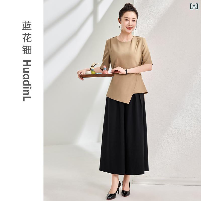 ユニフォーム レディース 春夏 エステ サロン 美容師 施術着 上下セット 五分袖 スカートパンツ ストレートパンツ ポリエステル ストレッチ 接触冷感 吸湿速乾 リラクゼーション 整体 黒 ベージュ