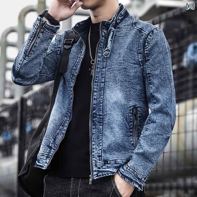 ジーンズ上衣 Gジャン メンズ 薄っぺら レトロライディングジャケット 韓国 秋冬 朦々たる 裏起毛 か細い相応う 青み 黒いこと