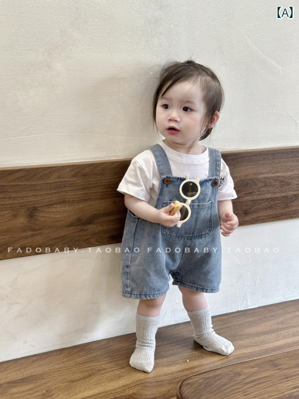 デニム オーバーオール ベビー キッズ サロペット 子供服 赤ちゃん 男の子 女の子 夏 ショート丈 韓国 Tシャツ 半袖 カジュアル ブルー