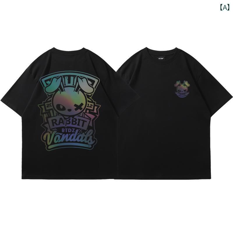 tシャツ 光るトップス 反射 メンズ ヒップホップ カラフル 半袖 ウサギ プリント ブラック ホワイト グリーン