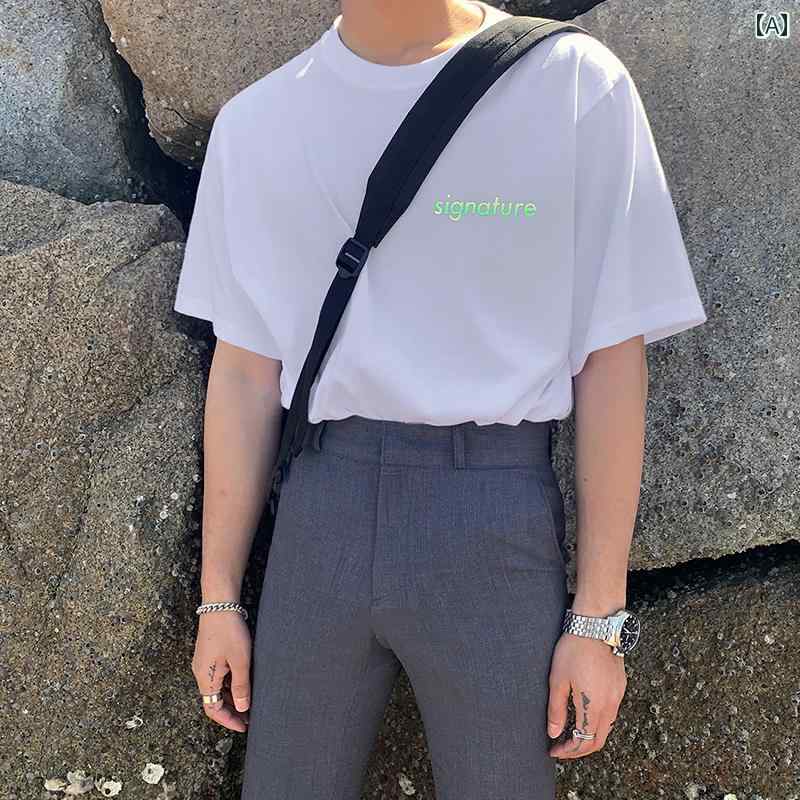tシャツ 光る トップス メンズ ロゴ 韓国 半袖 プリント ラウンドネック コットン おしゃれ カジュアル 大きめサイズ ホワイト