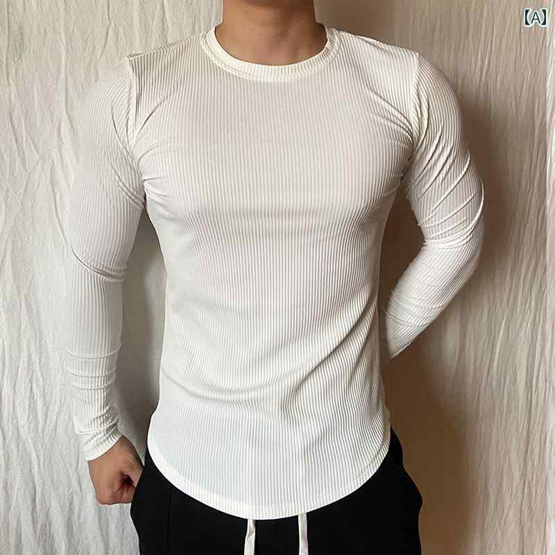 トップス メンズ 長袖 ジム フィットネス 筋トレ スポーツ Tシャツ タイツ スリム フィット ストレッチ性 ストライプ ラウンドネック カジュアル 筋肉 ホワイト ブラック グレー