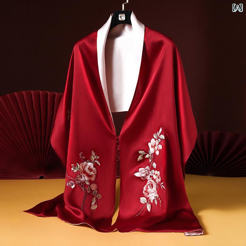 ストール 花柄 刺繍 レディース スカーフ ショール ボタン ギフト 中国風 レトロ レッド
