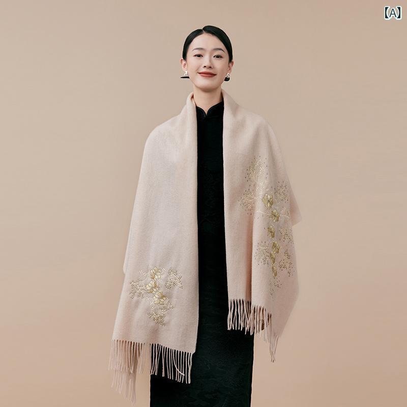 ストール 花柄 刺繍 レディース スカーフ ショール 大判 秋冬 ウール 暖かい おしゃれ ベージュ レッド