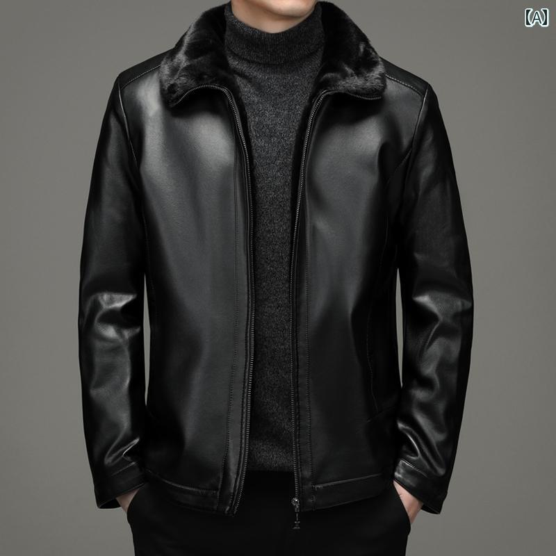 なめし革 上衣 メンズ ライダース 革ジャン 秋冬 毛革 朦々たる シープスキン 成人男性 心地好い 黒いこと 赤銅色