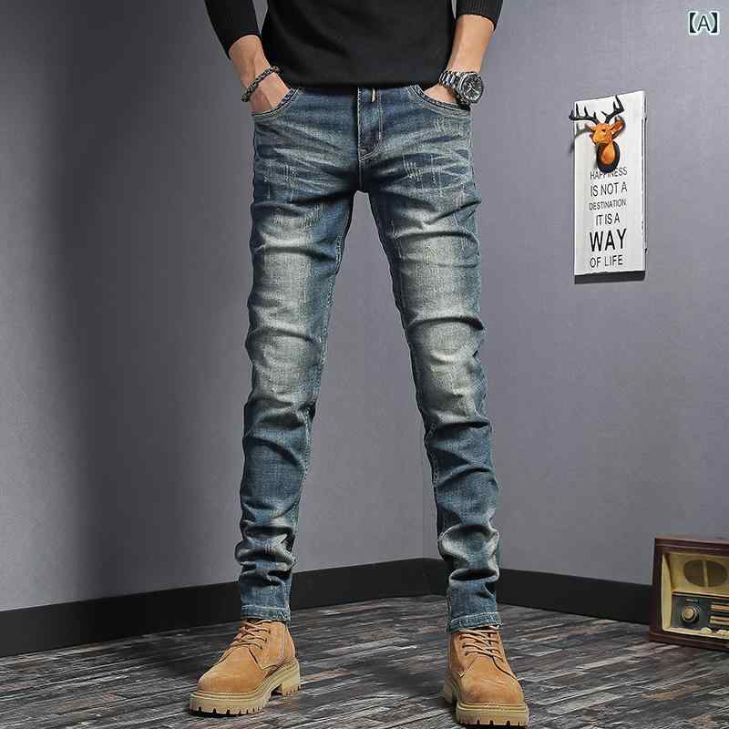 デニムパンツ メンズ ジーンズ ジーパン 春 アメリカ バイク レトロ スリム スキニー ストレッチ ストレート 韓国 春秋 ズボン ブルー