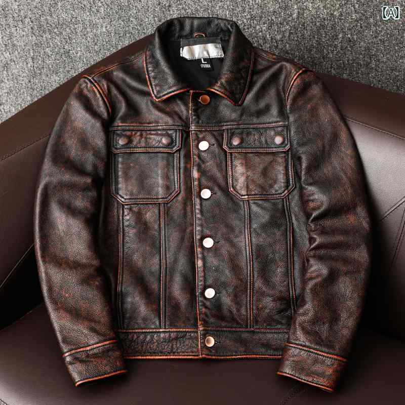 レザー ジャケット メンズ ライダース 革ジャン 秋冬 スリム フィット ウォッシュ レトロ ブラウン