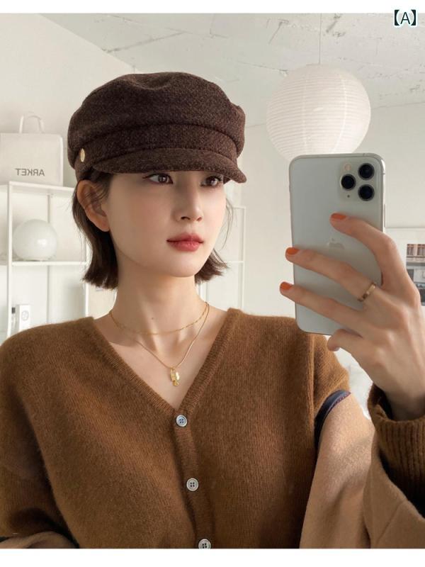 キャスケット ベレー帽 レディース 帽子 おしゃれ かわいい ウール 英国 レトロ 秋冬 暖かい 韓国 ペインター ハット ブラウン ブラック