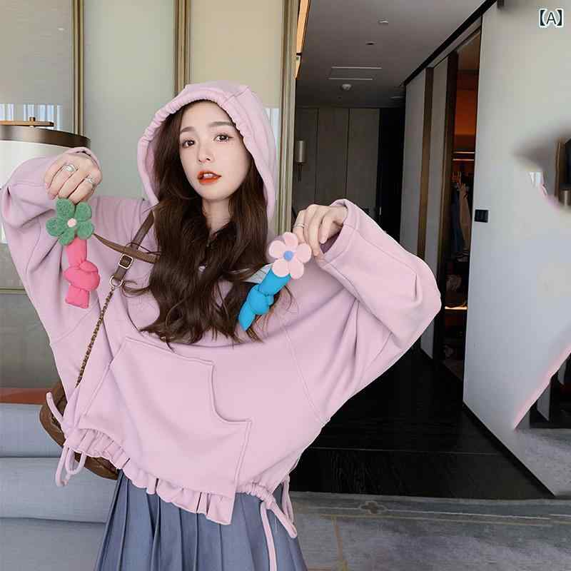 パーカー スウェット レディース ショート丈 フーディー おしゃれ かわいい 花 フリル 春秋 韓国 ファッション ピンク｜おうち健康生活