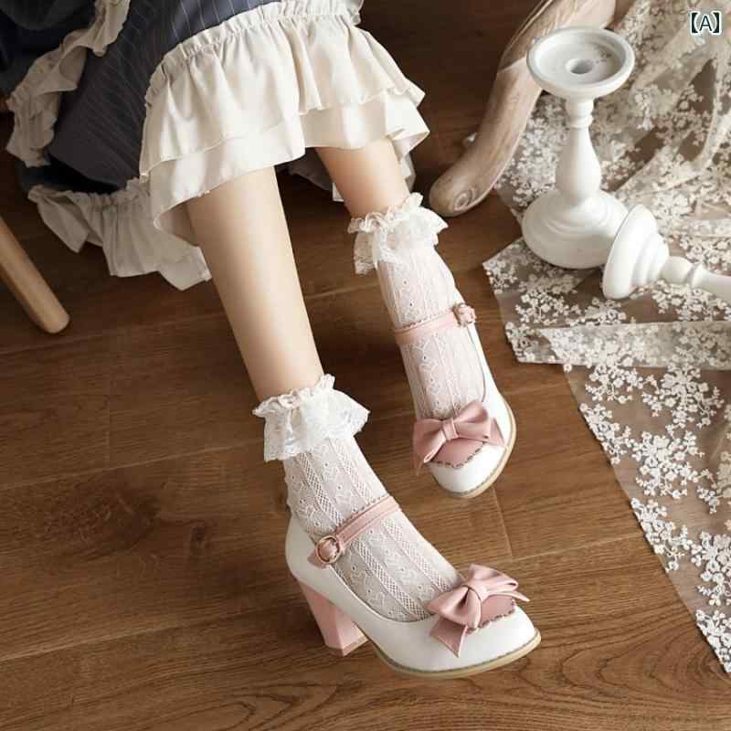 ロリータ 靴 レディース パンプス ガーリー Lolita メイド コスプレ レトロ シューズ ハイヒール リボン 春秋 ホワイト ブラック ピンク