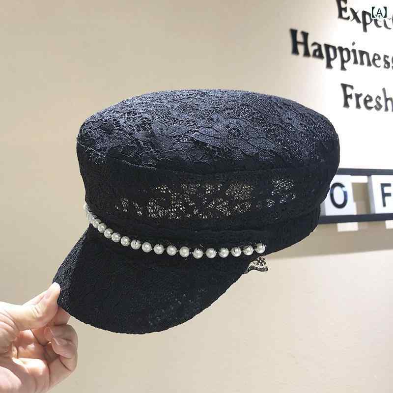 キャスケット レディース 帽子 英国 夏 レース 通気性 ベレー帽 ファッション フラットトップ メッシュ ブラック ホワイト