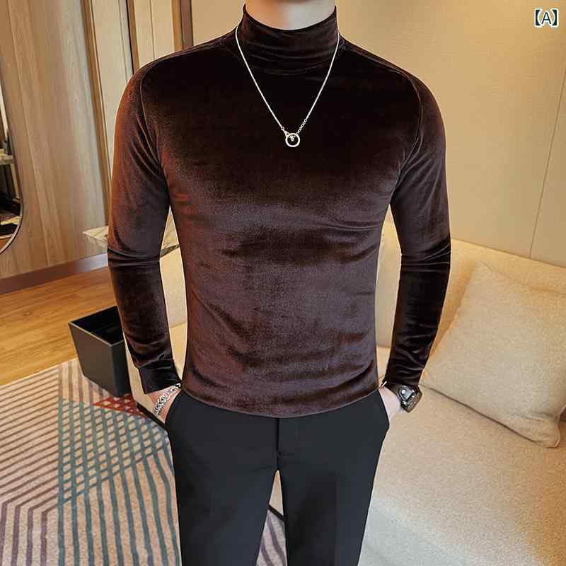 ベロア トップス メンズ 厚手 暖かい シャツ 秋冬 ハイネック タイト 細身 長袖 ロンT ブラウン ブラック ホワイト