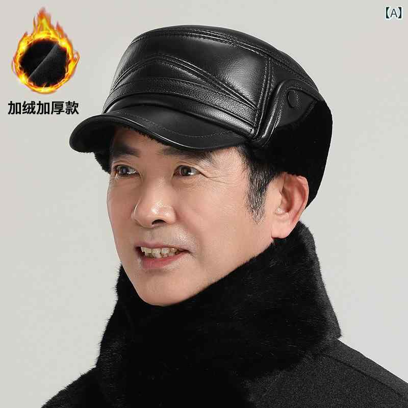 ワークキャップ メンズ 帽子 冬 お父さん おじいちゃん 暖かい フラットトップ 革 レザー ブラック ブラウン