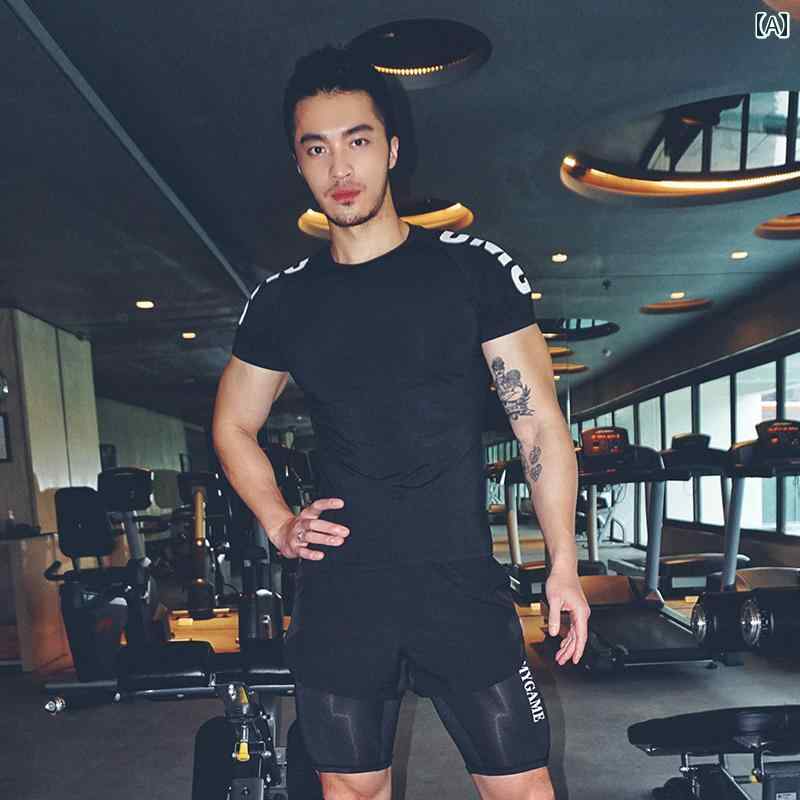 tシャツ メンズ フィットネス トレーニング コンプレッション 春夏 ラウンドネック ランニング 通気性 筋トレ 半袖 タイト ブラック グレー