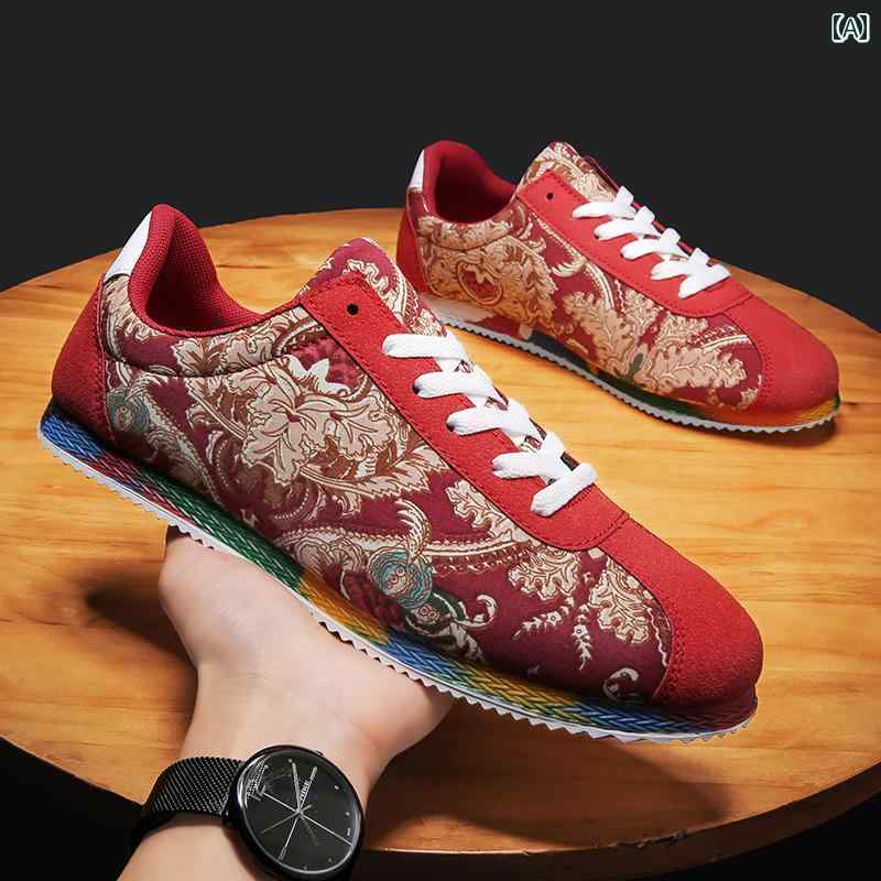 メンズ スニーカー メッシュ おしゃれ シューズ 秋冬 靴 レッド ブラック ブルー 花柄