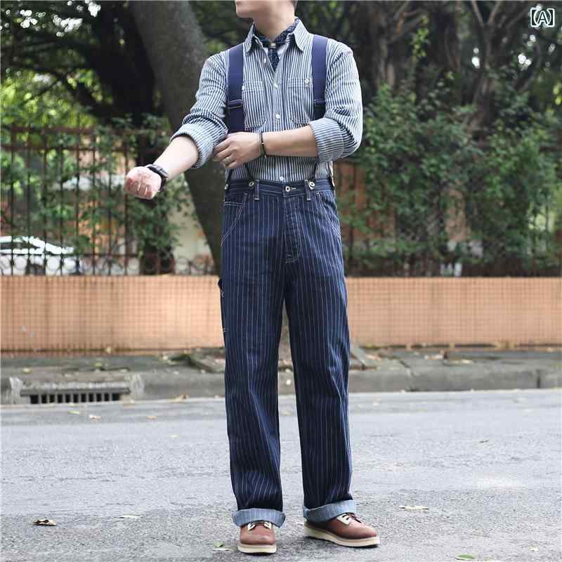 パンツ メンズ オーバーオール 秋冬 カジュアル アメリカン レトロ ストライプ ジーンズ ストレート ワイド デニム｜おうち健康生活