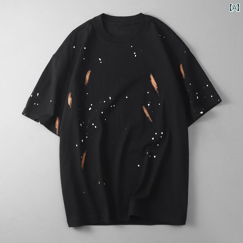 Tシャツ メンズ 半袖 トップス 春夏 インクジェット 落書き シンプル レトロ プルオーバー ラウンドネック ファッション カジュアル ブラック ホワイト｜おうち健康生活