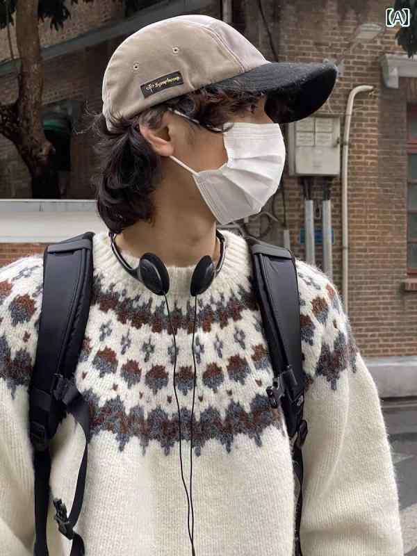 ニット メンズ 大きめサイズ ゆったり カジュアル 秋冬 セーター 韓国 エスニック ラウンドネック ホワイト グレー