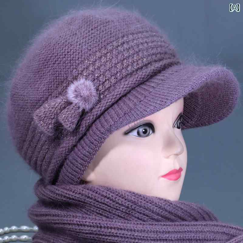 帽子 レディース 婦人 ミセス おばあちゃん 秋冬 ウール ニット 暖かい コットン ひさし パープル ワインレッド グレー