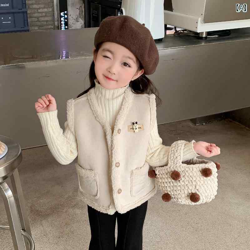 ベスト キッズ 女の子 子供服 ノースリーブ ジャケット おしゃれ かわいい 秋冬 暖かい 厚手 アウター ボア vネック 韓国 ベージュ