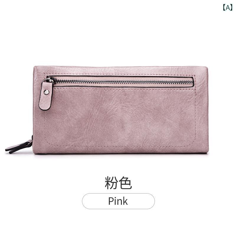 長財布 レディース ウォレット 小銭入れ シンプル レトロ 大容量 ジッパー レザー 革 ピンク レッド ブラック
