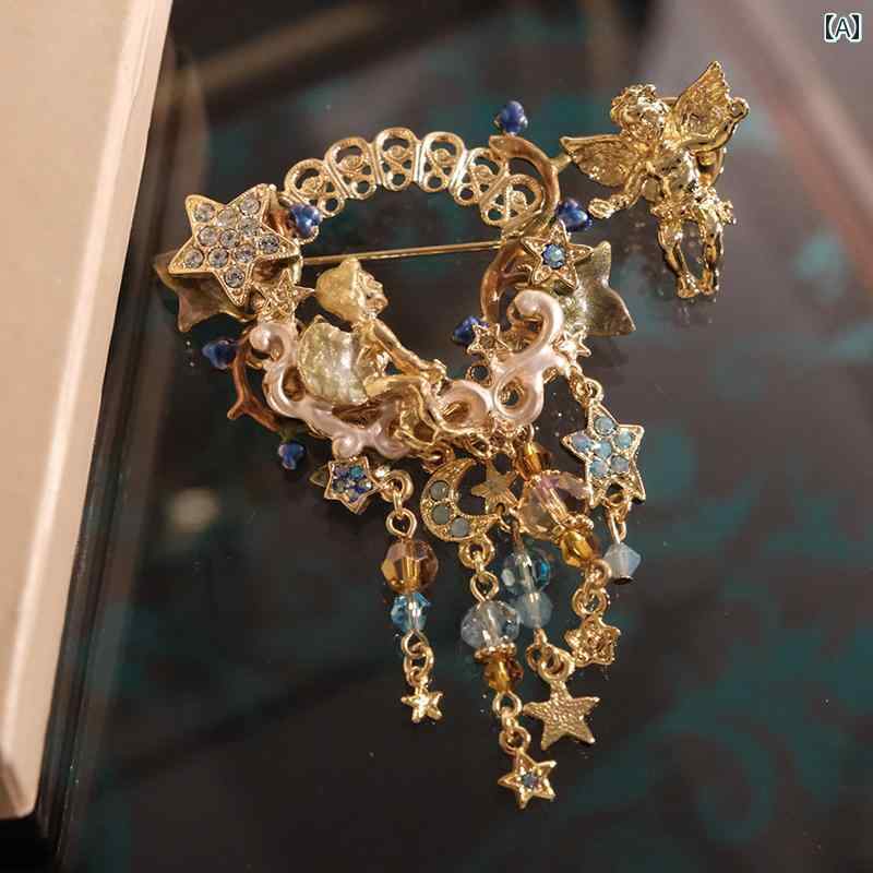 ブローチ ピン おしゃれ 天使 レディース アクセサリー ヴィンテージ風 アンティークー チェーン ゴールド|おうち健康生活