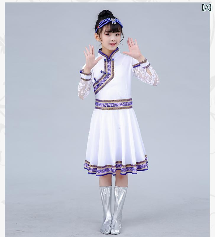 モンゴル 衣装 民族 舞踊 エスニック 子供 女の子 パフォーマンス 服 コスプレ 舞台 ファッション 劇 ドレス ホワイト レッド