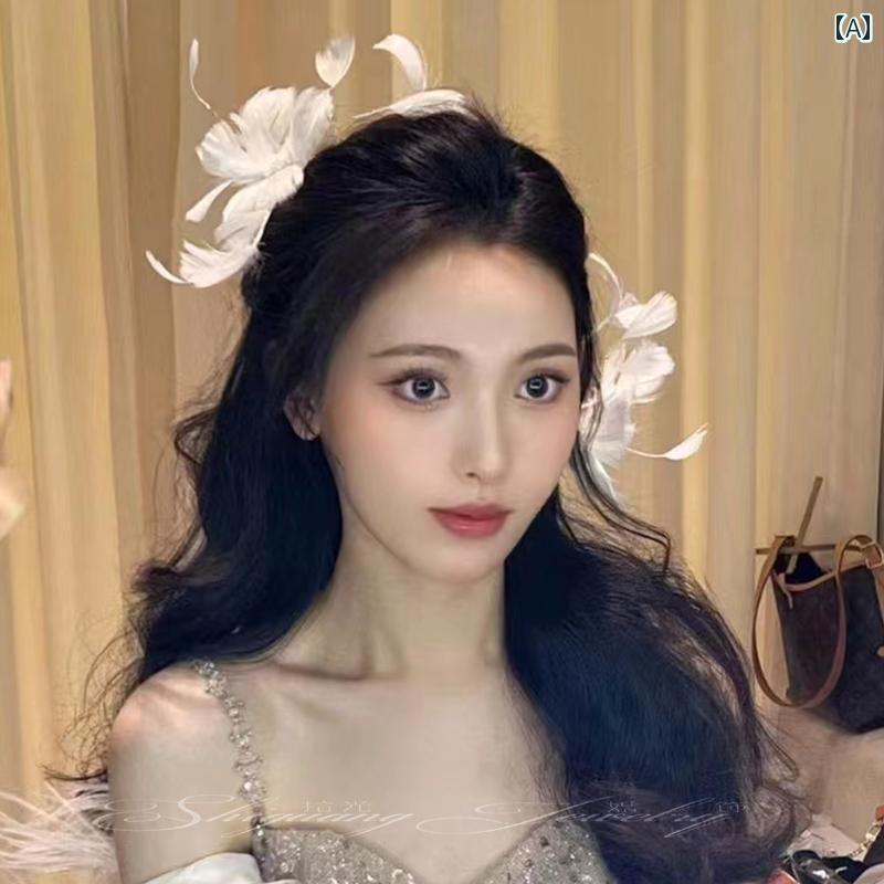 ヘアアクセサリー レディース 花嫁 羽 フェザー ブライダル ウェディング ホワイト ヘアピン