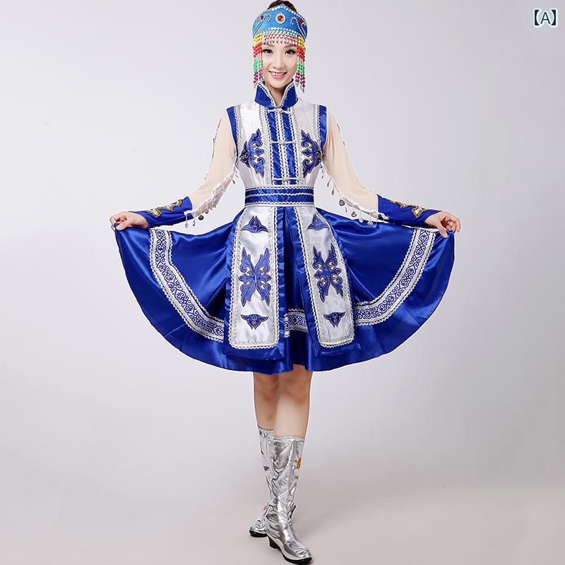 モンゴル 衣装 民族 コスチューム エスニック 舞踊 パフォーマンス 服 レディース 舞台 大人 ブルー グリーン レッド