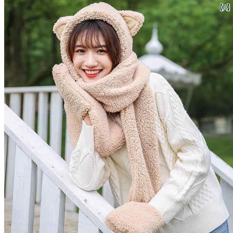 くま耳 帽子 大人 子供 レディース 女の子 秋冬 暖かい フード かわいい スカーフ ベージュ ブラウン ホワイト