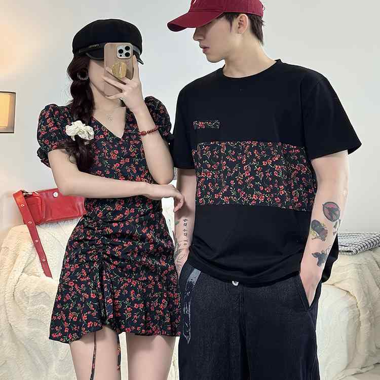 ペアウェア カップル 男女兼用 半袖 Tシャツ 丸首 花柄 ワンピース Vネック ドローストリング ゆったり リラックスフィット 抗シワ加工 春夏 普段使い カジュアル