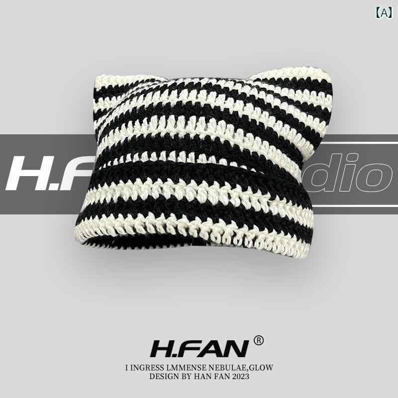 ニット帽 猫耳 帽子 秋冬 かわいい キュート ボーダー レディース 暖かい ブラック ホワイト レッド