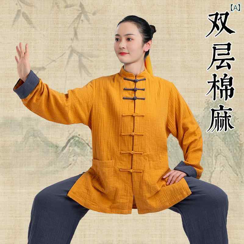太極拳 服 レディース メンズ カンフー 武術 ウェア トレーニング 練習 秋冬 厚手 リネン イエロー グレー スーツ