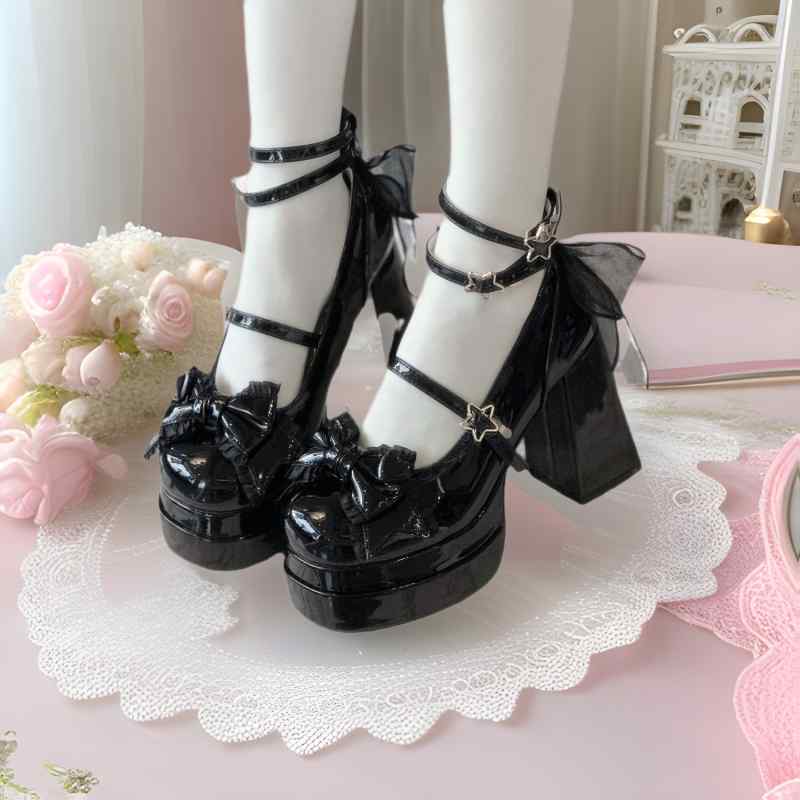 メリージェーンシューズ レディース うしろ帯 ロリータ パンプス 厚底 ハイヒール 6-8糎 可愛らしい 愛くるしげ 姫御前風 ラウンドトゥ 太踵 無地 PUなめし革 韓国風 デイリー若い者