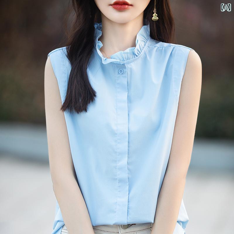 レディース トップス シンプル おしゃれ ノースリーブフリル 春夏 薄手 涼しい 涼しい ゆったり ハーフ ハイネック コットン ファッション Tシャツ