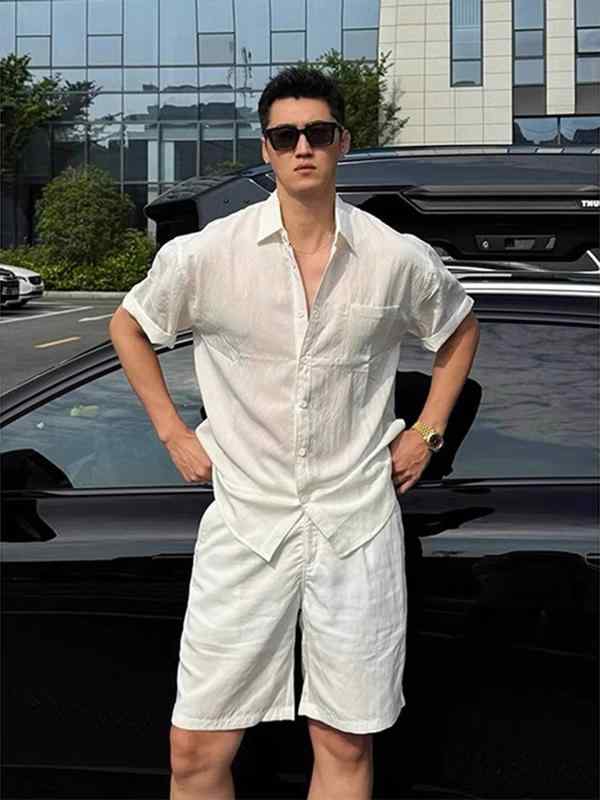 セットアップ メンズ 男性用 オールドマネー風 半袖シャツ ショートパンツ 綿麻 リネン 白 無地 ゆったり リラックス 上下セット UVカット 吸湿速乾 通気性 リゾート 普段使い 夏