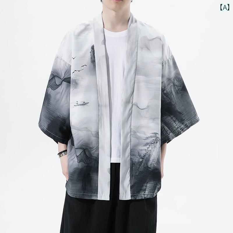 チャイナ風 普段着 シャツ 半袖 メンズ カジュアル おしゃれ トップス 水墨柄 夏 紳士服 唐装 漢服 ひんやり 涼しい 快適 日焼け防止 ジャケット