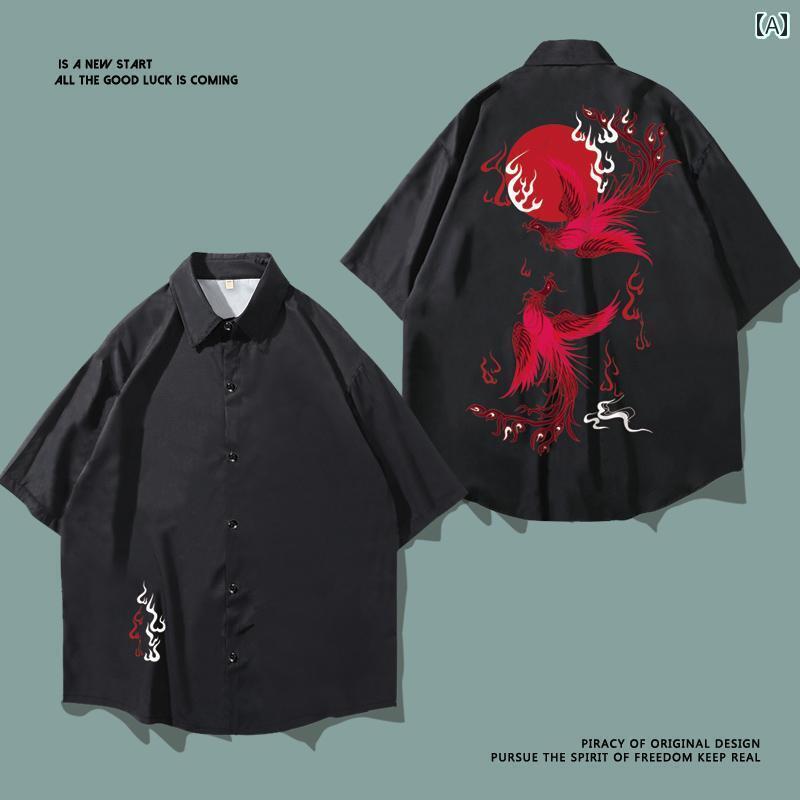 チャイナ風 普段着 シャツ 半袖 メンズ カジュアル おしゃれ トップス ジャケット 夏 薄手 涼しい フェニックス プリント カーディガン トップ スリム