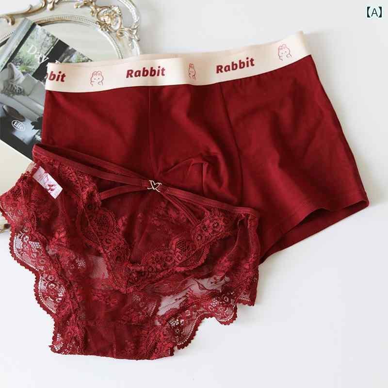 カップル お揃い 下着 パンツ ショーツ 赤 レース 魅惑 レースアップ メンズ レディース ペア プレゼント 綿 快適 ボクサー ブリーフ